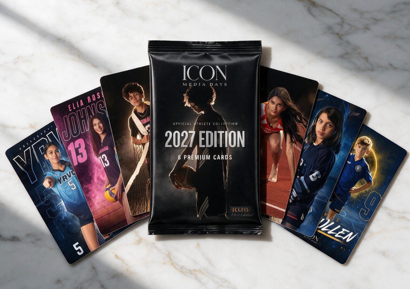ICON athlete trading card pack with custom athlete cards