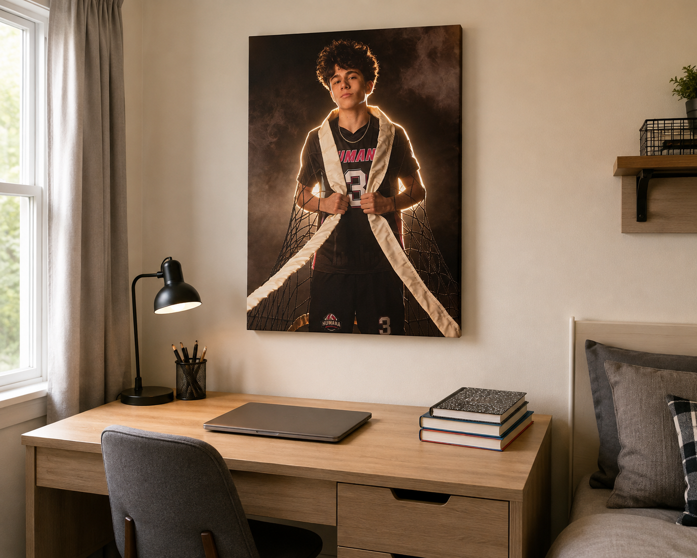 Portrait volleyball athlete canvas displayed above a desk in a teenager’s bedroom