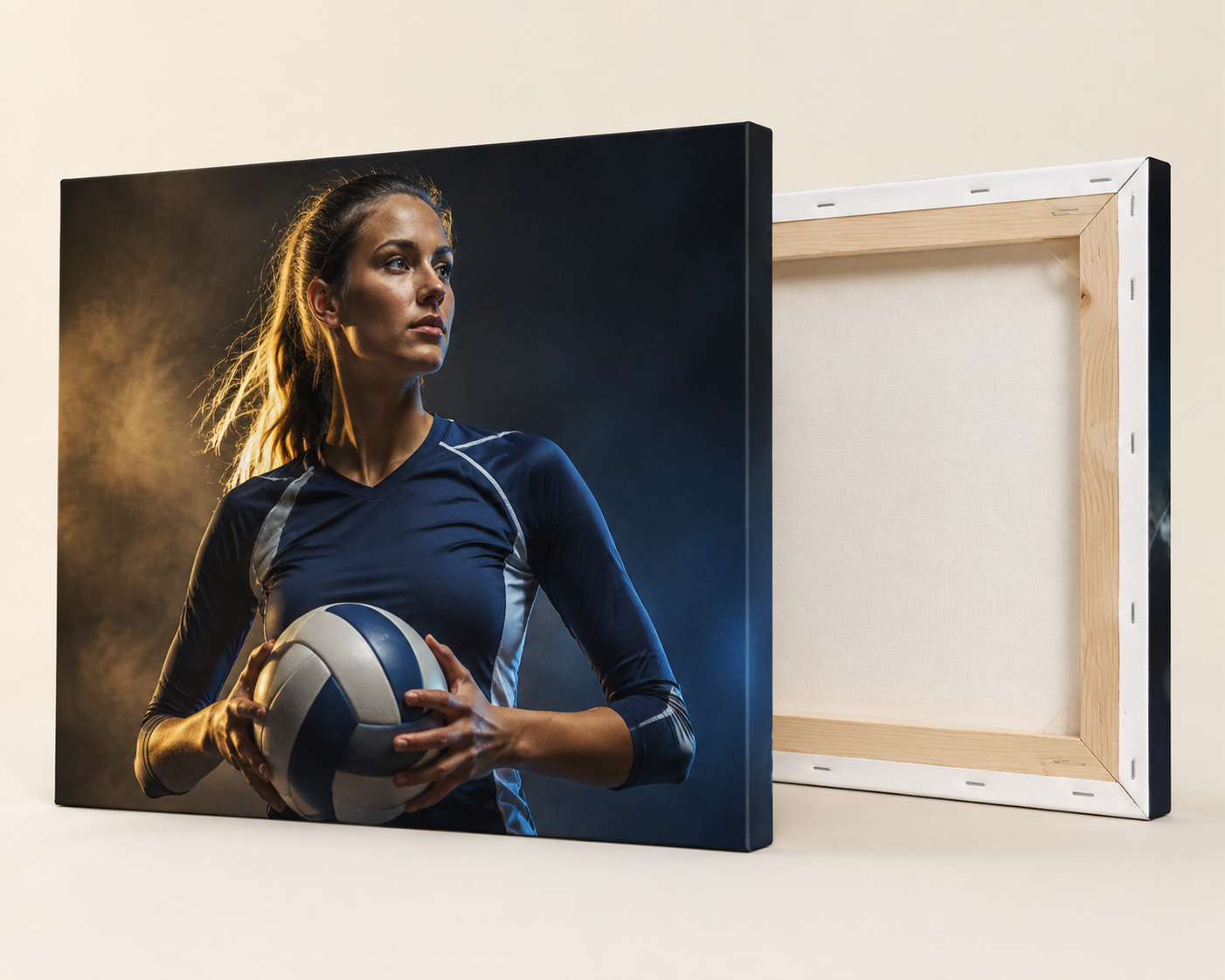 Illustration of a volleyball canvas with wrapped edges and wooden stretcher backing