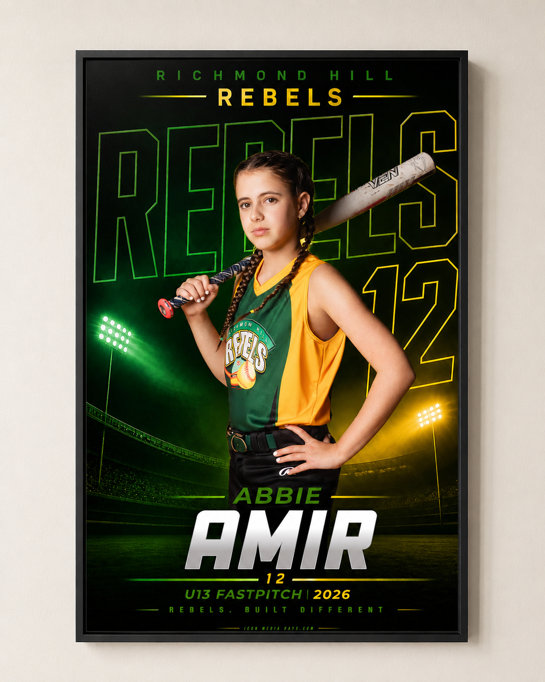 Custom 16 by 20 athlete poster in a thin black metal frame